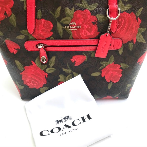 SOLD///Coach Camo RoseπΉ Taylor Tote Brown/Red - Picture 4 of 8